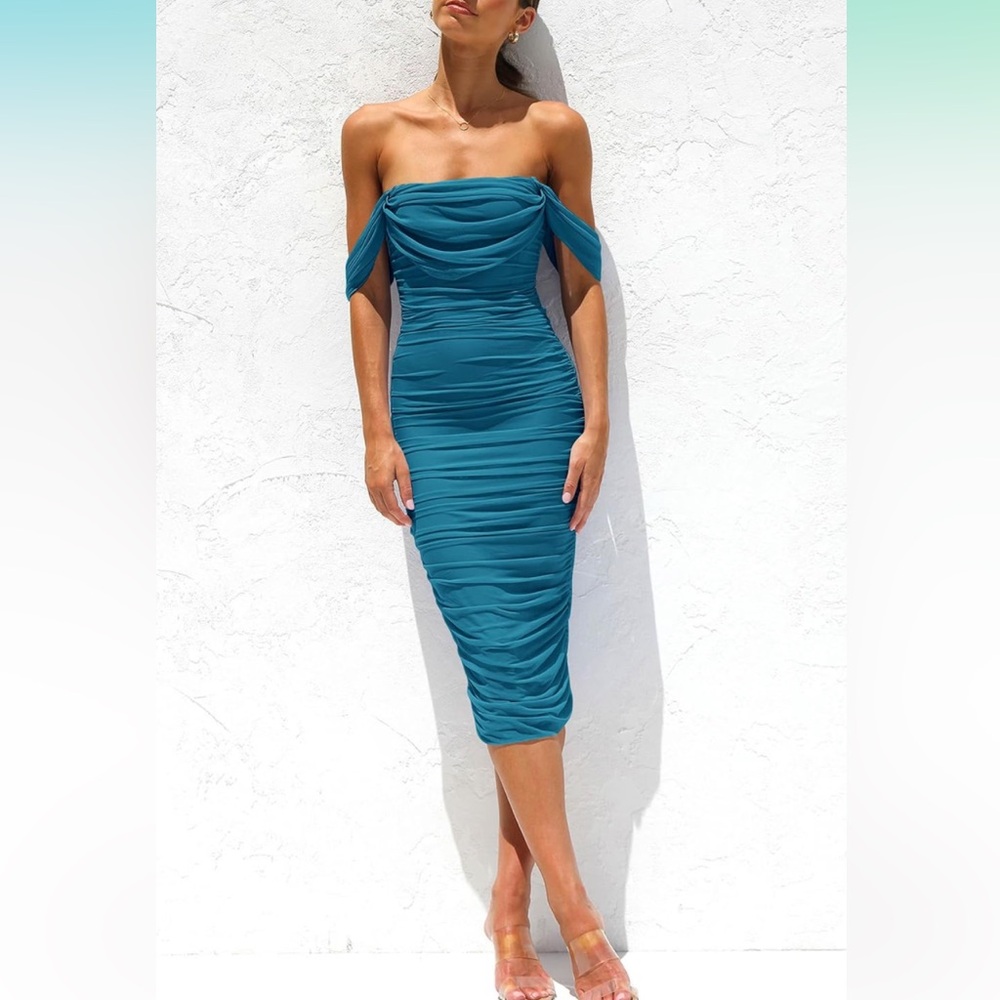 Pretty garden Off The Shoulder Ruched Bodycon Dresses Sleeveless Fitted